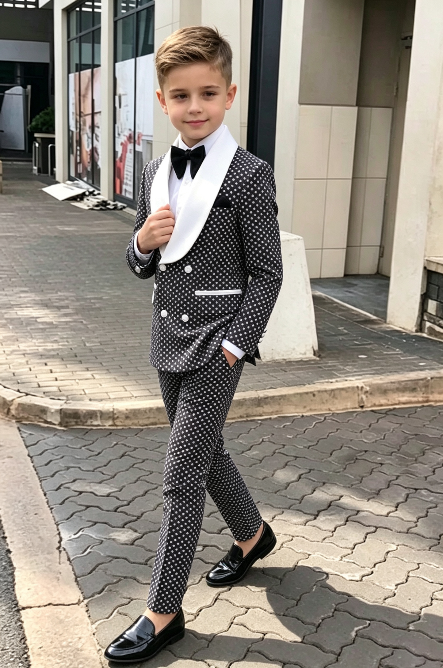 Black Serge?Blend White Polka?Dot Double?Breasted 2?Piece Suit