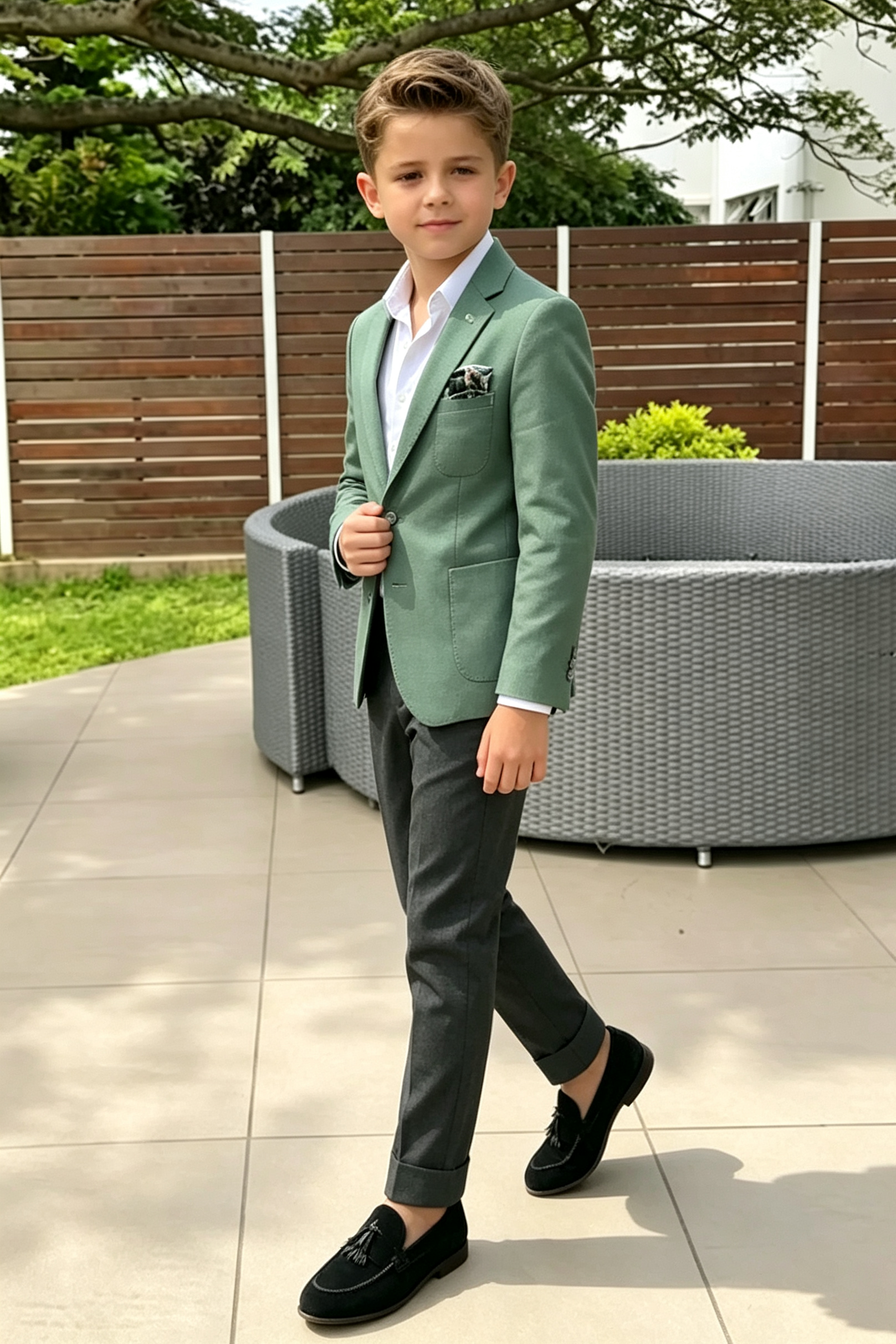 Green & Dark?Grey Cotton?Linen Blend Single?Breasted 2?Piece Suit