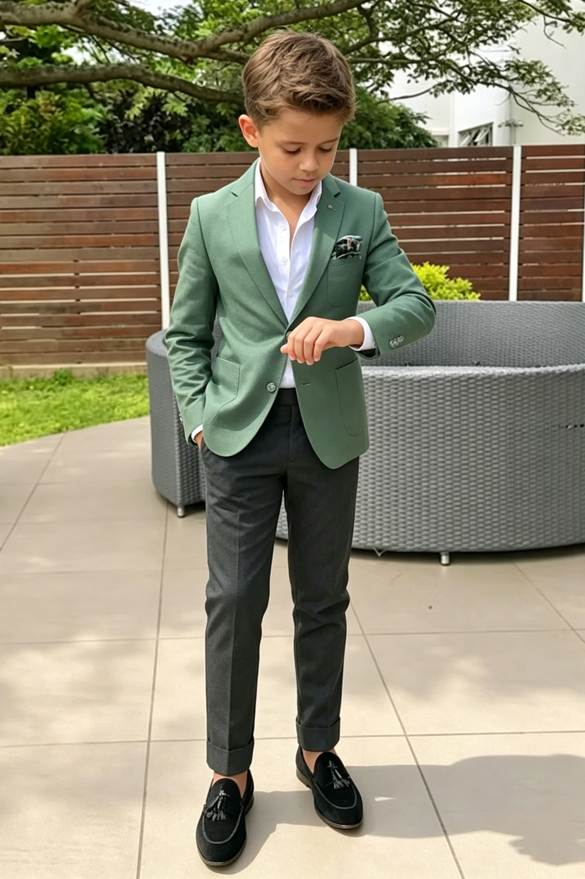 Green & Dark?Grey Cotton?Linen Blend Single?Breasted 2?Piece Suit