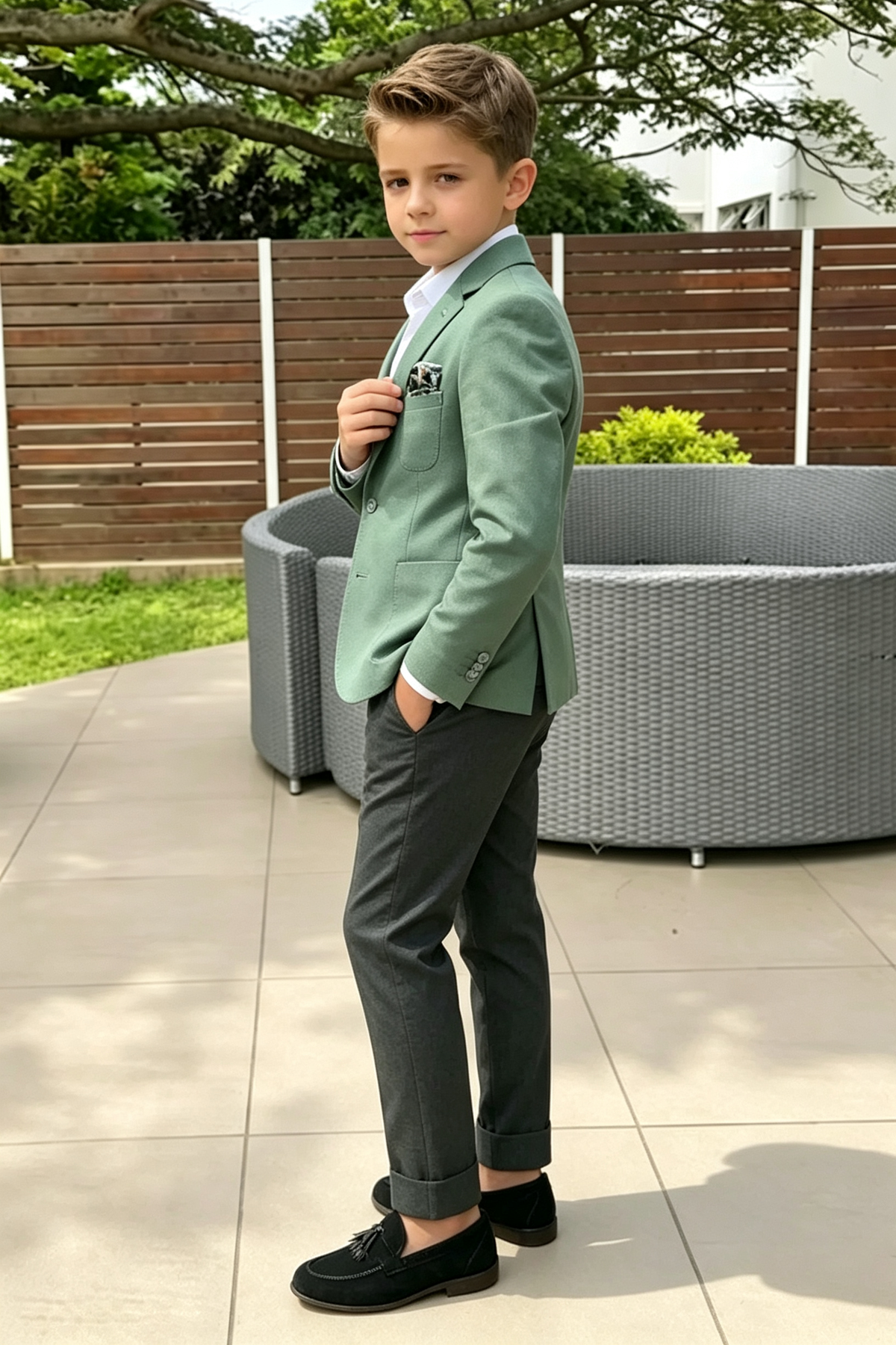 Green & Dark?Grey Cotton?Linen Blend Single?Breasted 2?Piece Suit
