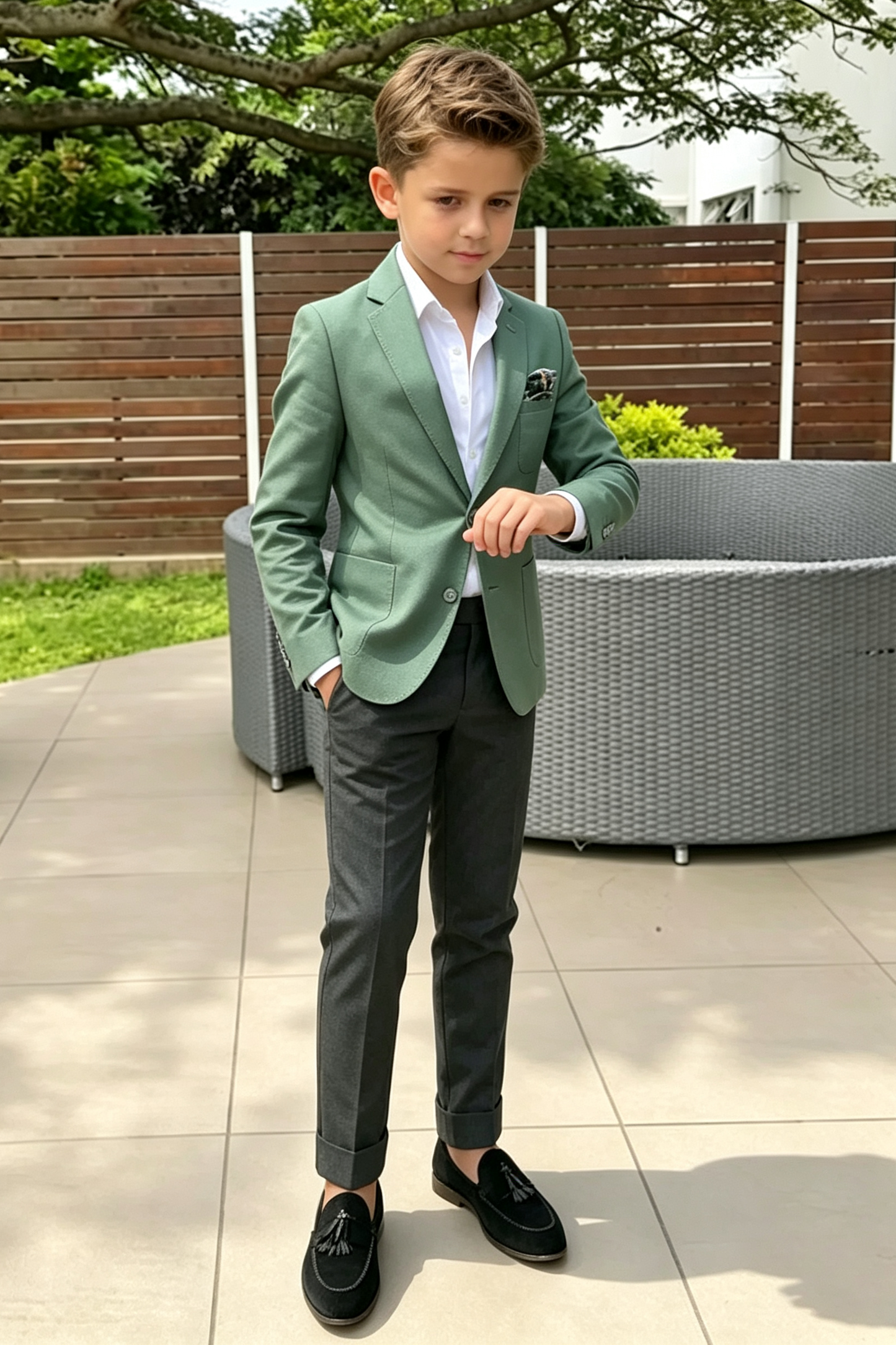 Green & Dark?Grey Cotton?Linen Blend Single?Breasted 2?Piece Suit