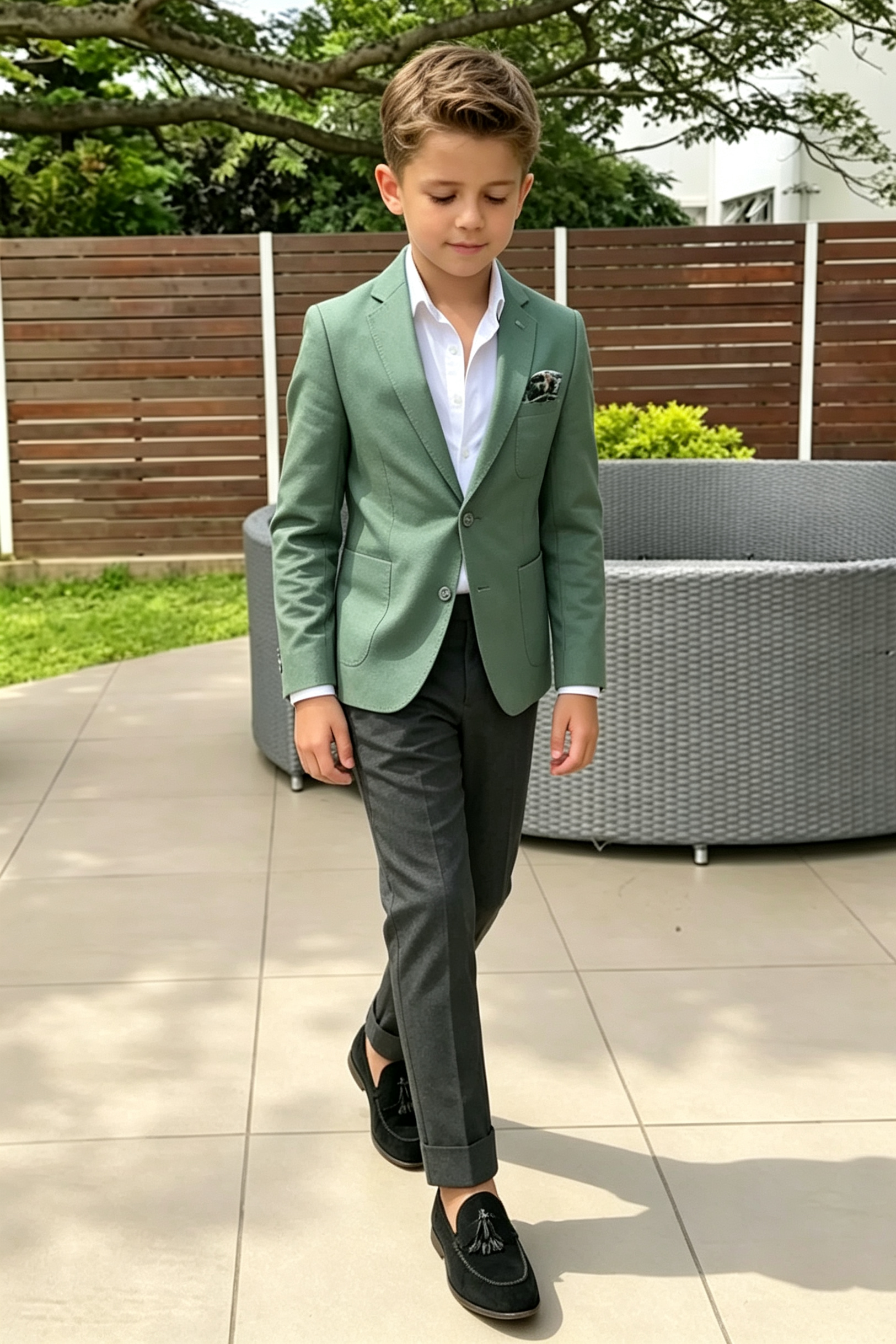 Green & Dark?Grey Cotton?Linen Blend Single?Breasted 2?Piece Suit