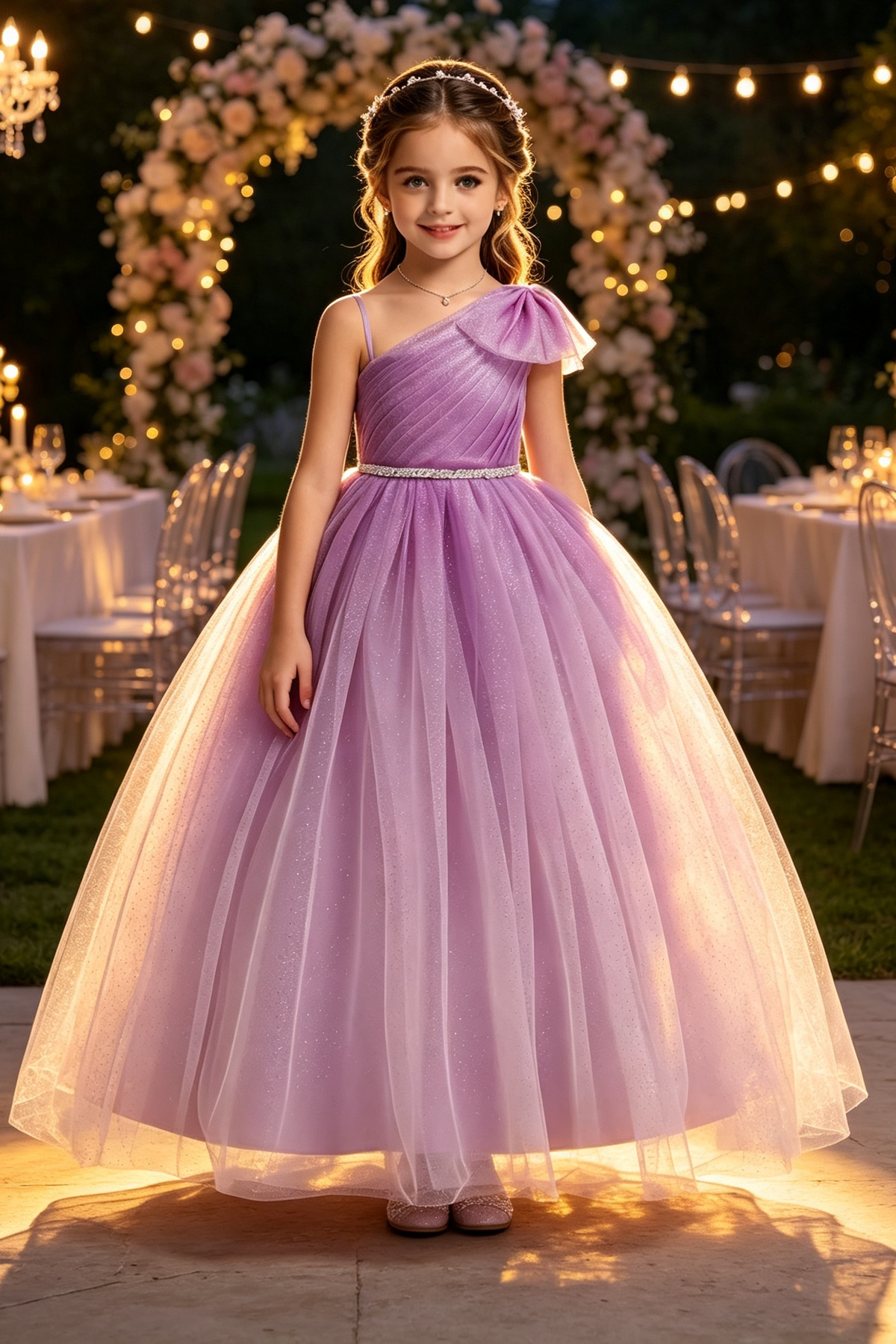 Light Purple Glitter Tulle One‑Shoulder A‑Line Formal Flower Girl Dress