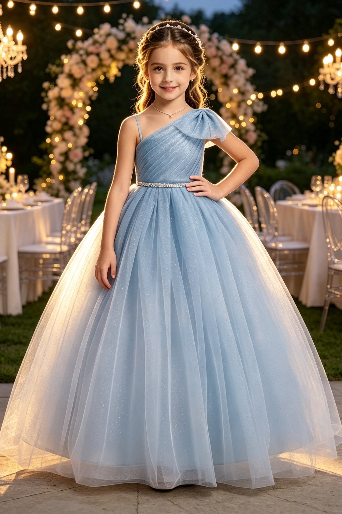 Light Purple Glitter Tulle One‑Shoulder A‑Line Formal Flower Girl Dress