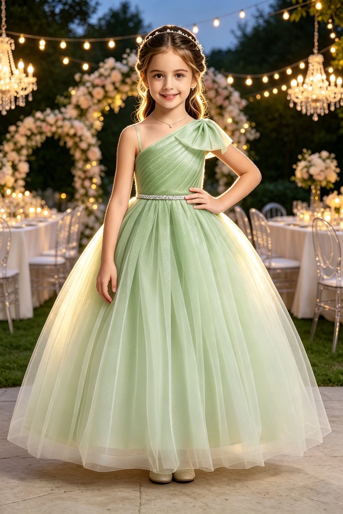 Light Purple Glitter Tulle One‑Shoulder A‑Line Formal Flower Girl Dress