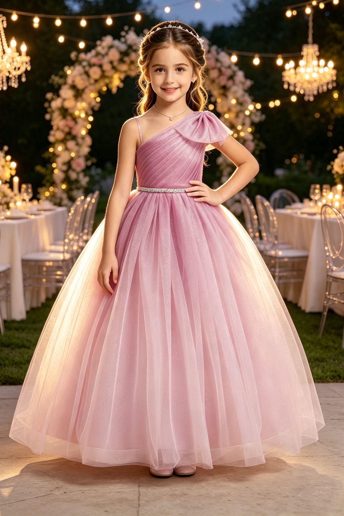 Light Purple Glitter Tulle One‑Shoulder A‑Line Formal Flower Girl Dress