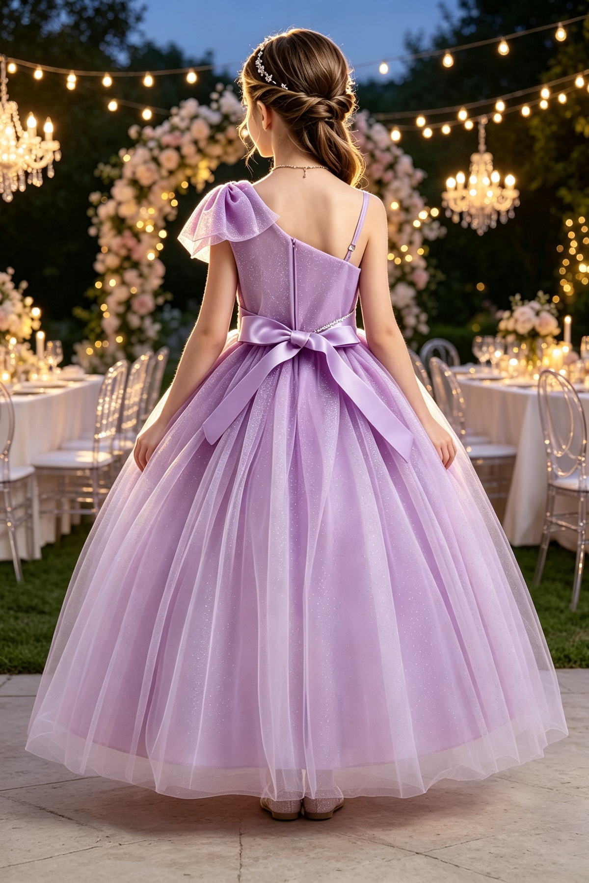 Light Purple Glitter Tulle One‑Shoulder A‑Line Formal Flower Girl Dress
