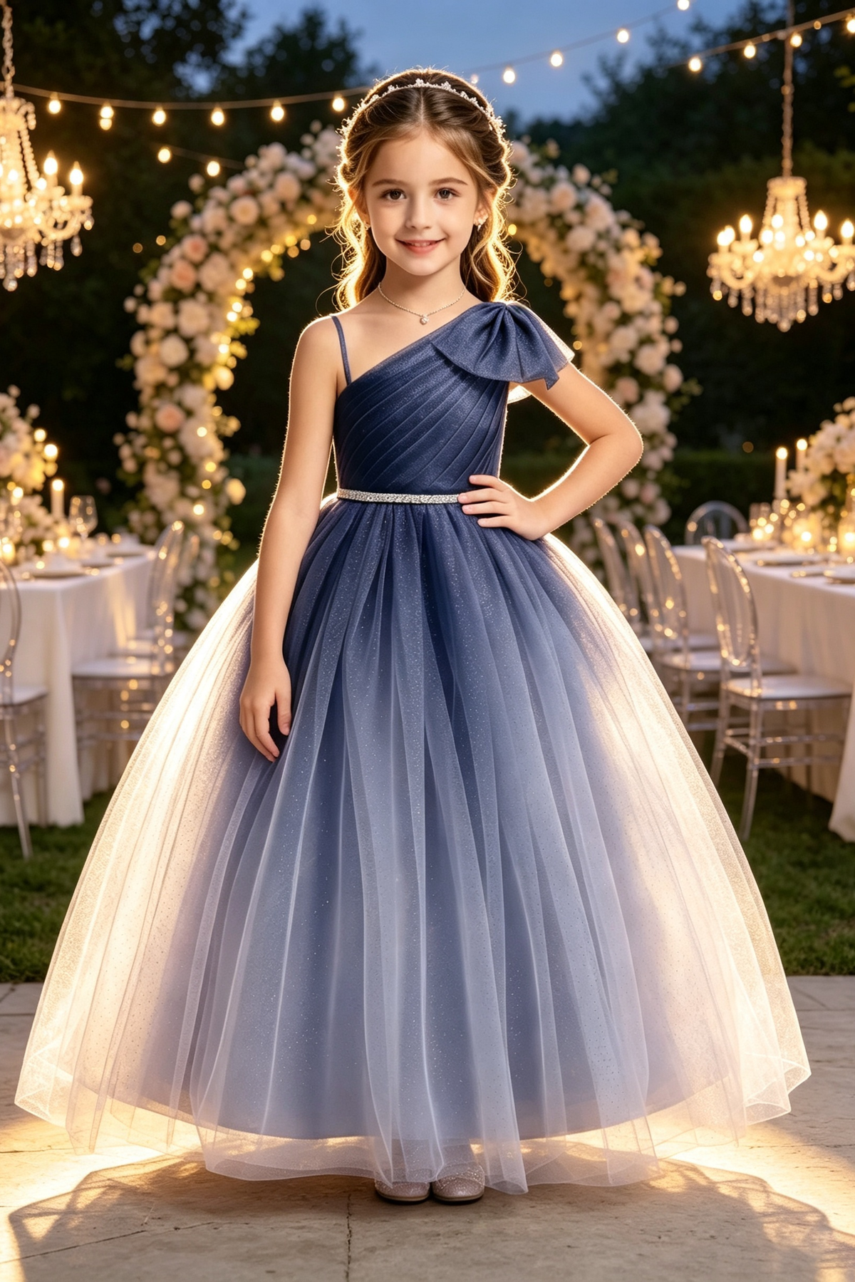 Light Purple Glitter Tulle One‑Shoulder A‑Line Formal Flower Girl Dress