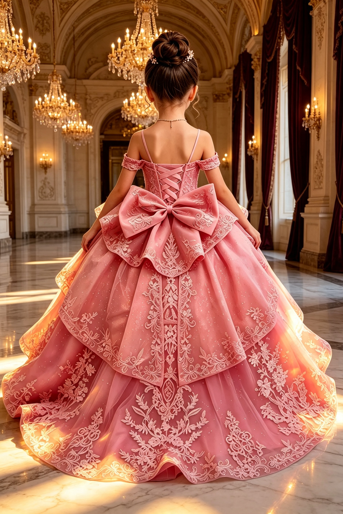 Deep Pink Heavy Lace Embroidery Off‑the‑Shoulder A‑Line Princess Formal Dress
