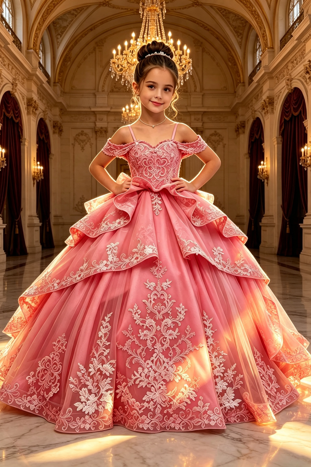 Deep Pink Heavy Lace Embroidery Off‑the‑Shoulder A‑Line Princess Formal Dress