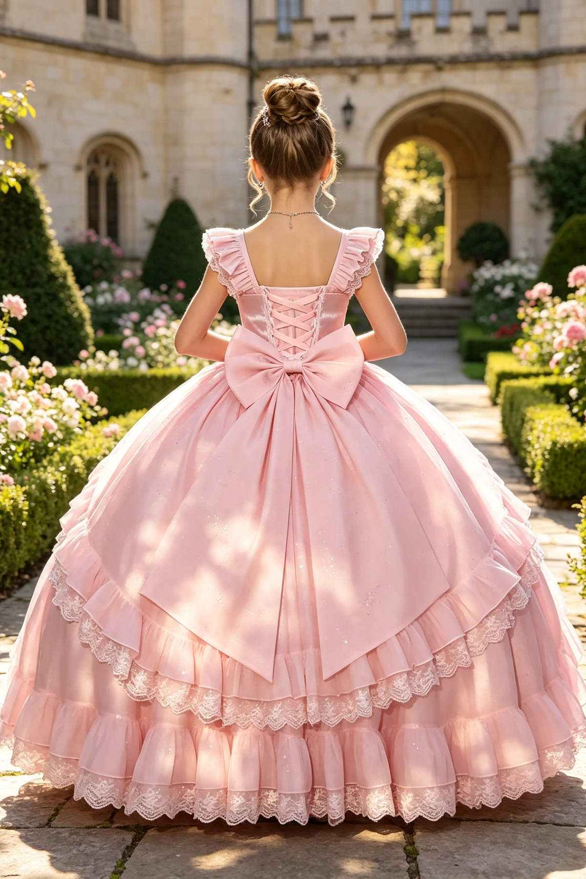 Light Pink Glitter Tulle Square‑Neck 3D Flowers & Lace Ruffles A‑Line Princess Dress