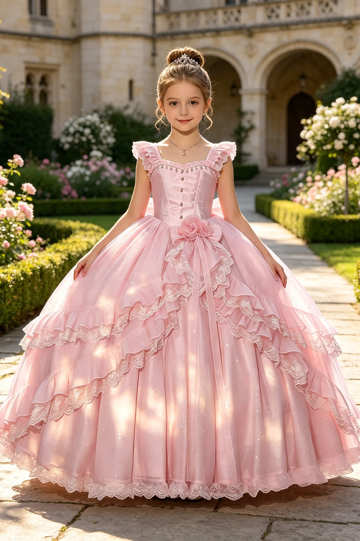 Light Pink Glitter Tulle Square‑Neck 3D Flowers & Lace Ruffles A‑Line Princess Dress