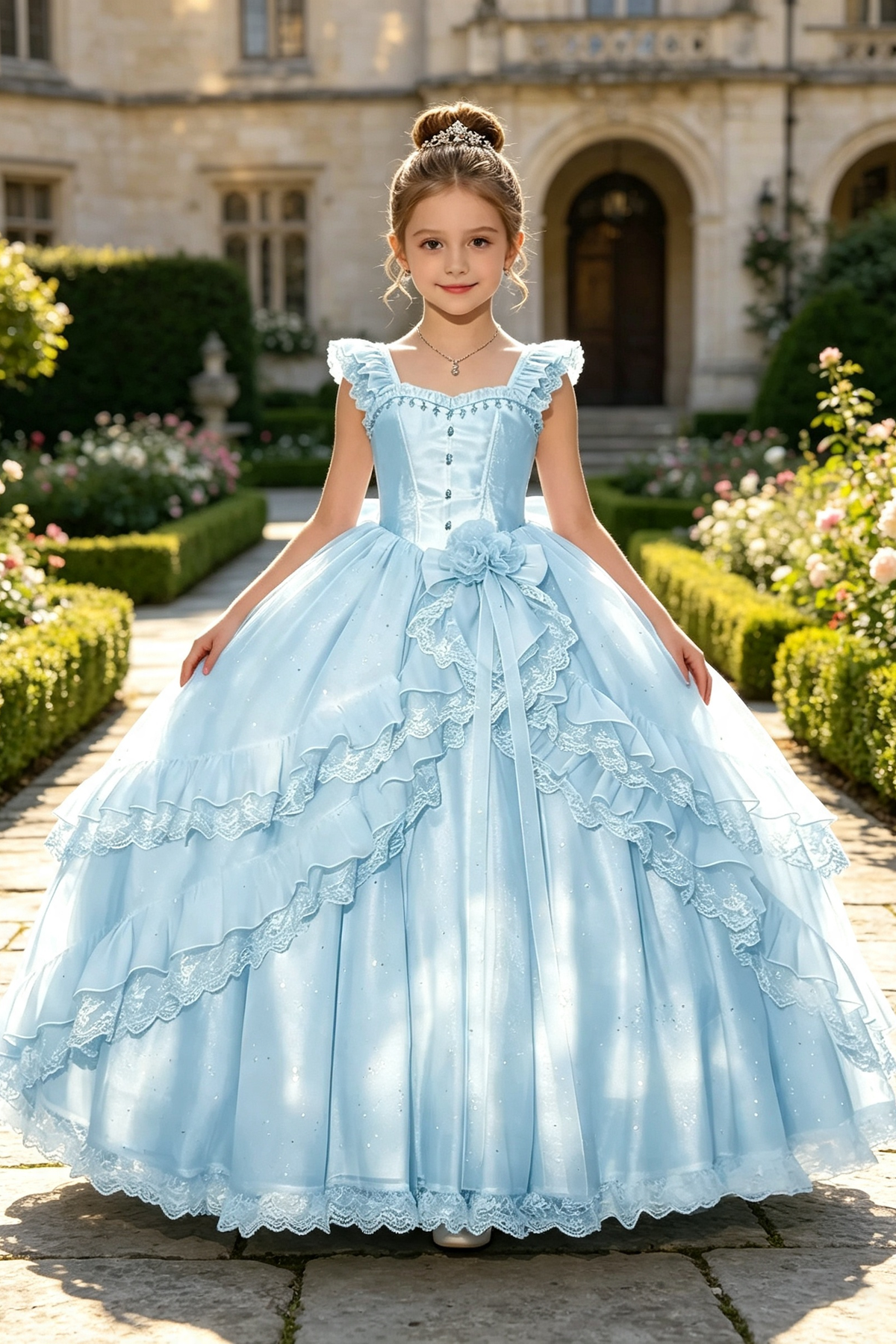 Light Pink Glitter Tulle Square‑Neck 3D Flowers & Lace Ruffles A‑Line Princess Dress