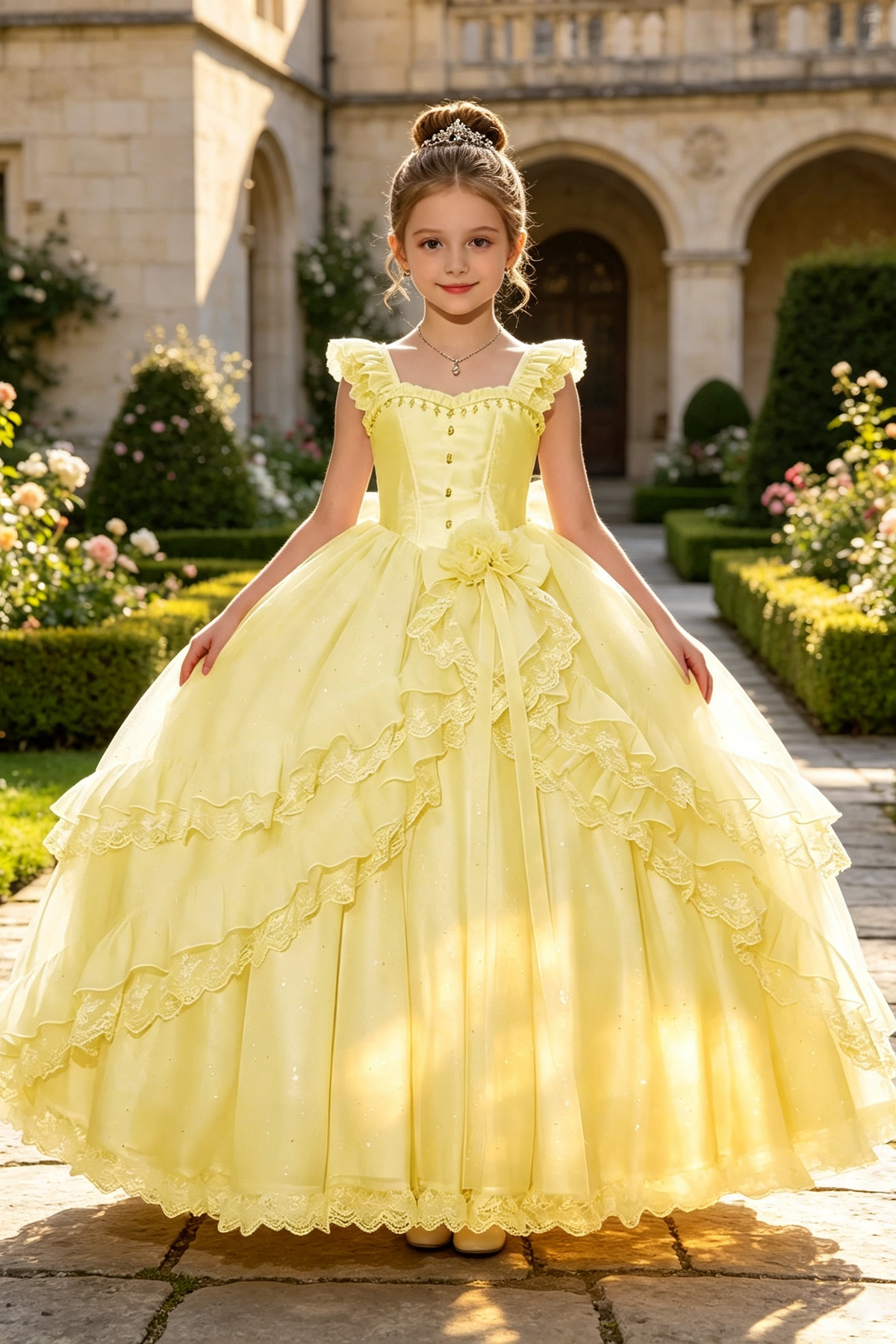 Light Pink Glitter Tulle Square‑Neck 3D Flowers & Lace Ruffles A‑Line Princess Dress