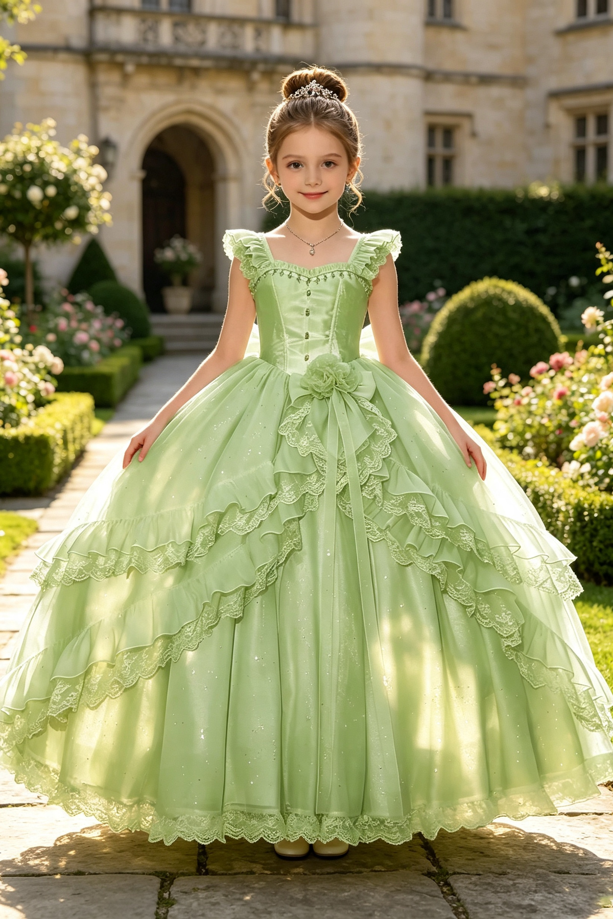 Light Pink Glitter Tulle Square‑Neck 3D Flowers & Lace Ruffles A‑Line Princess Dress