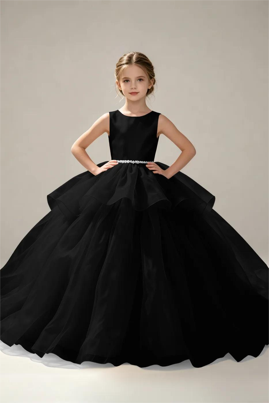 Champagne Satin Organza Pearl Waist Round‑Neck A‑Line Flower Girl Dress