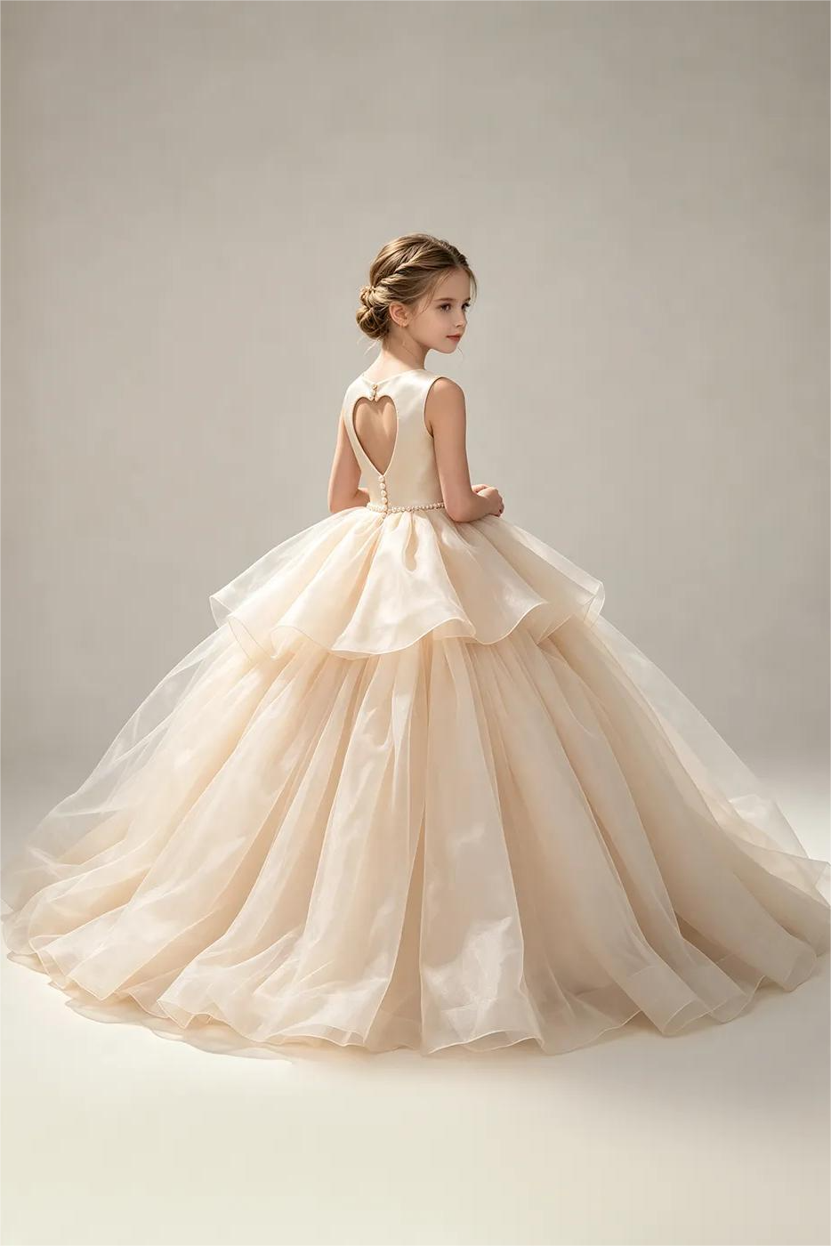 Champagne Satin Organza Pearl Waist Round‑Neck A‑Line Flower Girl Dress