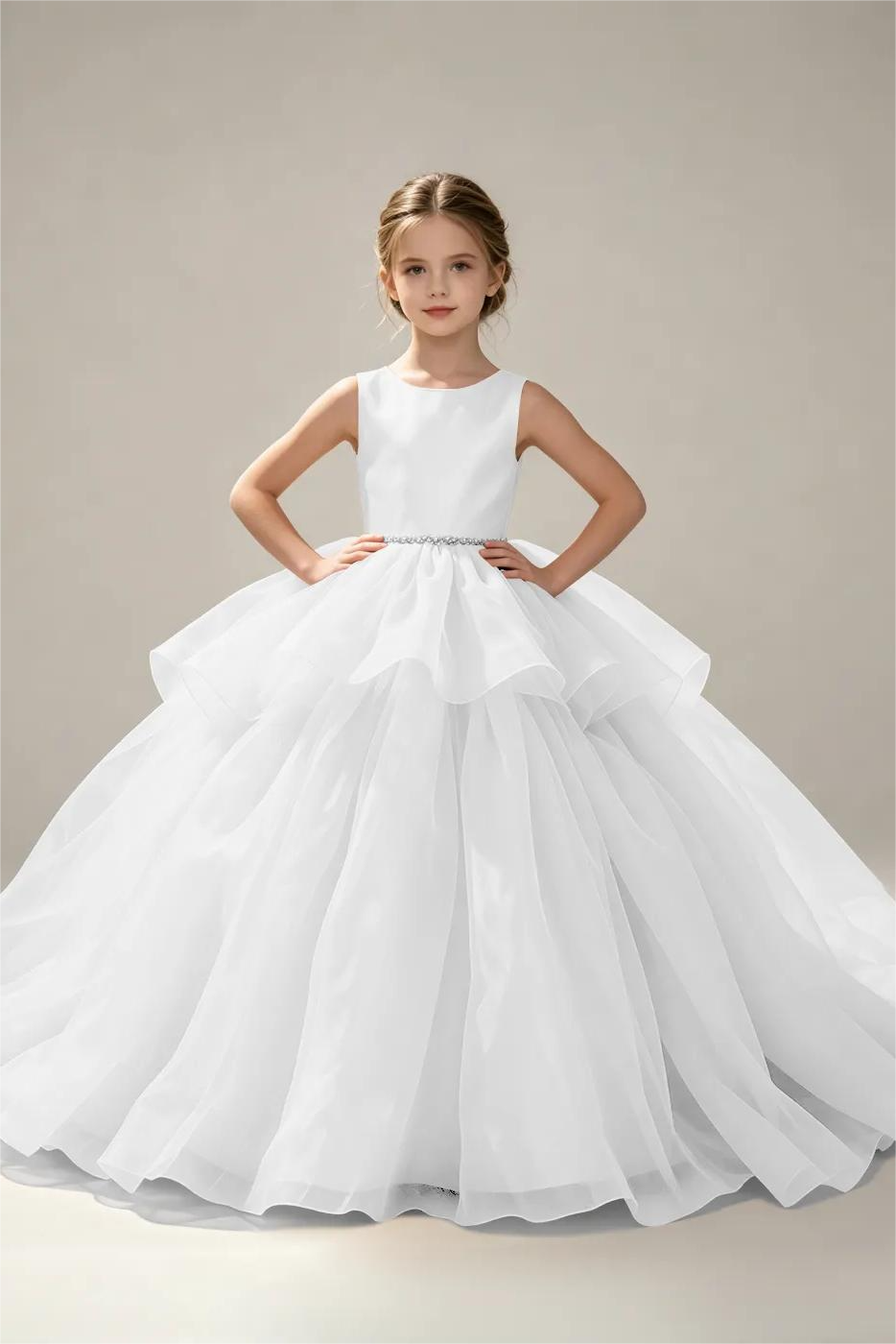 Champagne Satin Organza Pearl Waist Round‑Neck A‑Line Flower Girl Dress