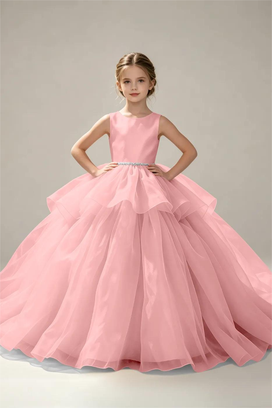 Champagne Satin Organza Pearl Waist Round‑Neck A‑Line Flower Girl Dress