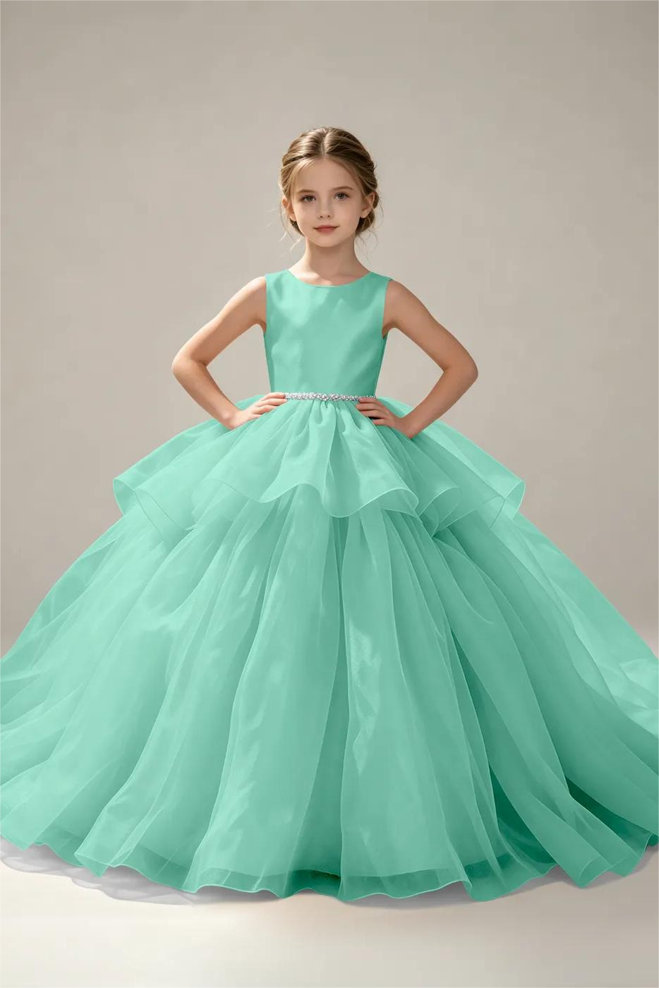 Champagne Satin Organza Pearl Waist Round‑Neck A‑Line Flower Girl Dress