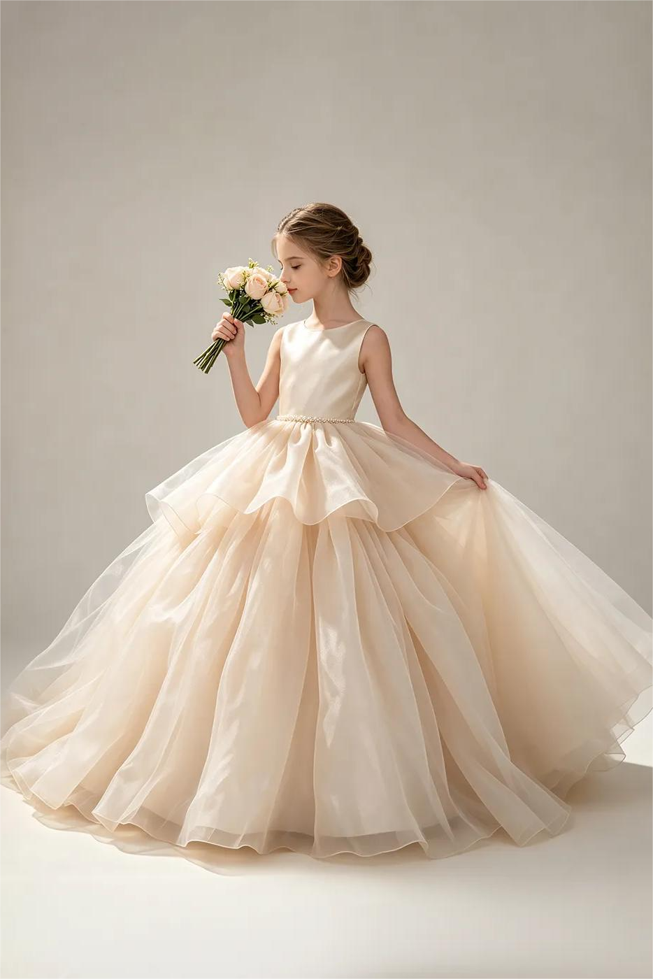 Champagne Satin Organza Pearl Waist Round‑Neck A‑Line Flower Girl Dress