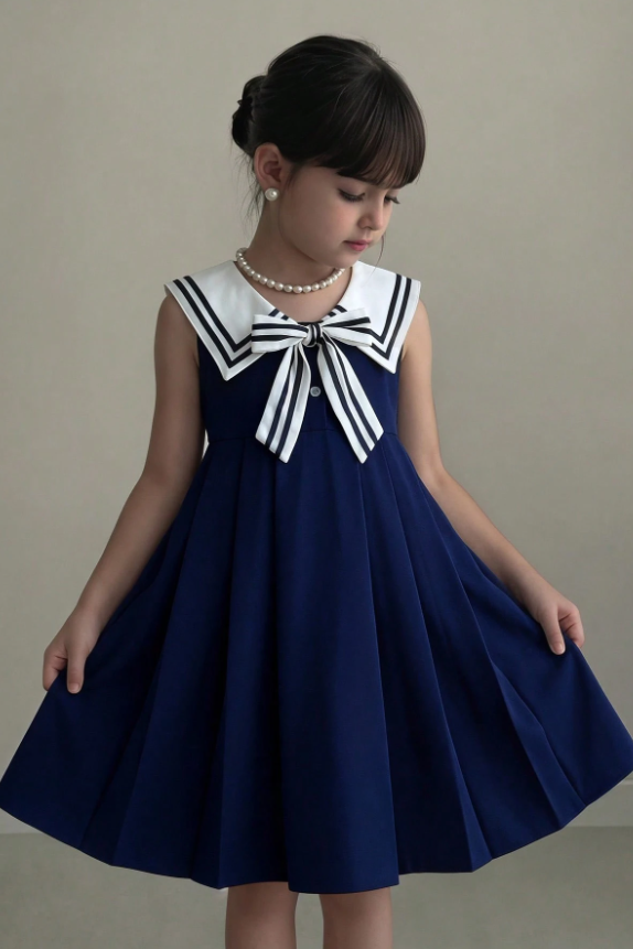 Navy Blue Sailor Collar Bow A‑Line Sleeveless Formal Dress