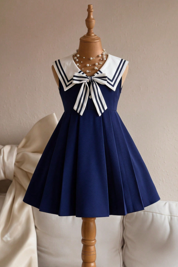 Navy Blue Sailor Collar Bow A‑Line Sleeveless Formal Dress