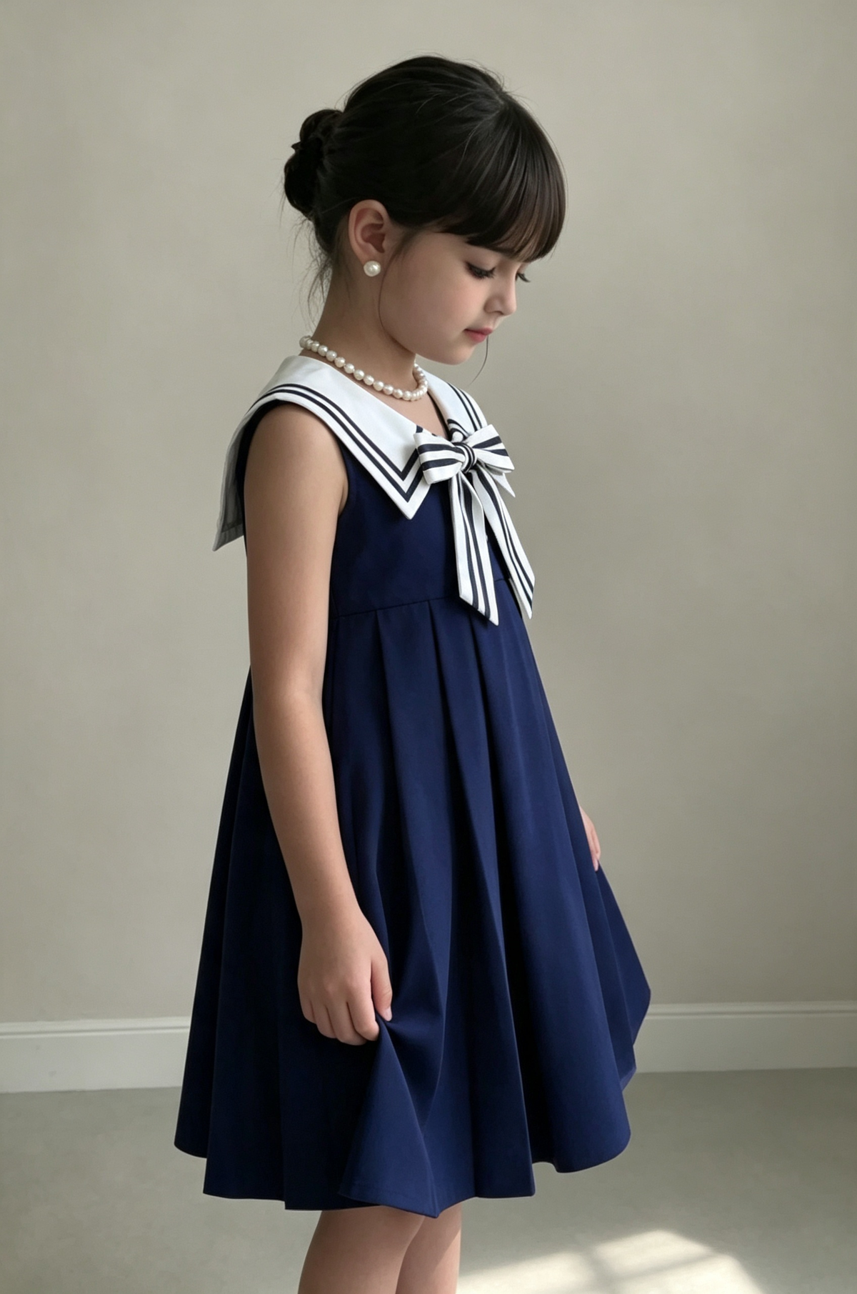 Navy Blue Sailor Collar Bow A‑Line Sleeveless Formal Dress