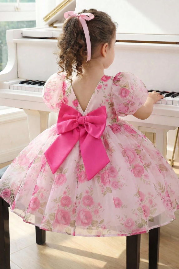 Magenta Floral Chiffon Large Satin Back Bow Puff‑Sleeve Party Dress