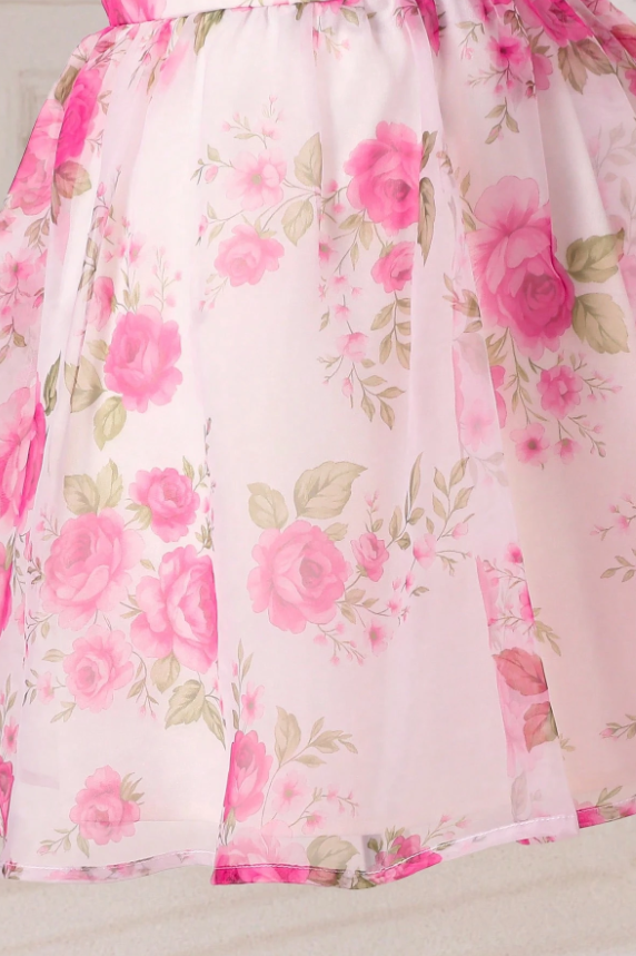 Magenta Floral Chiffon Large Satin Back Bow Puff‑Sleeve Party Dress