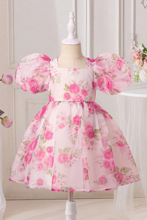 Magenta Floral Chiffon Large Satin Back Bow Puff‑Sleeve Party Dress