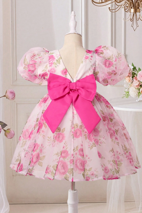 Magenta Floral Chiffon Large Satin Back Bow Puff‑Sleeve Party Dress