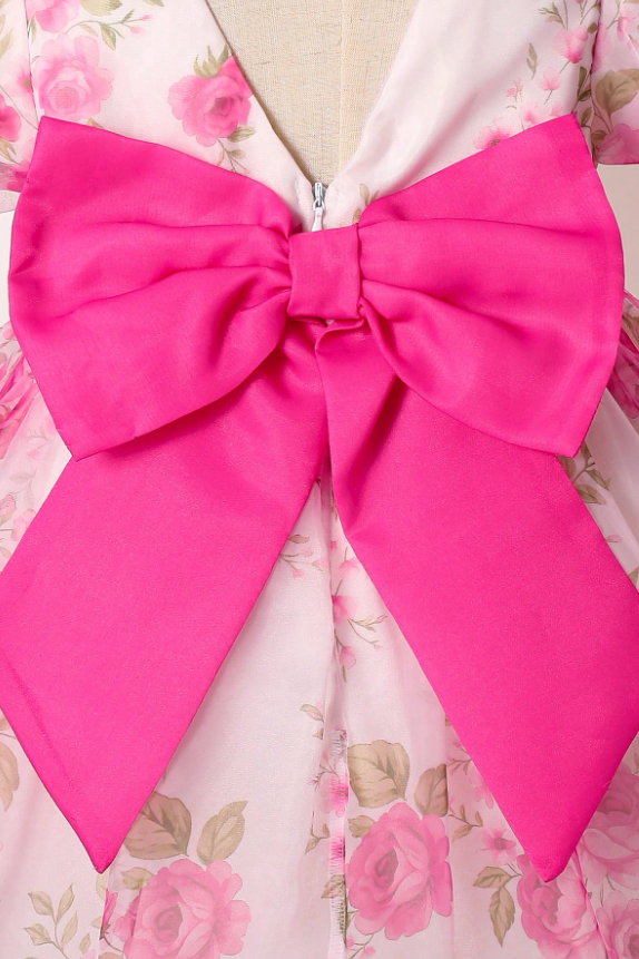 Magenta Floral Chiffon Large Satin Back Bow Puff‑Sleeve Party Dress