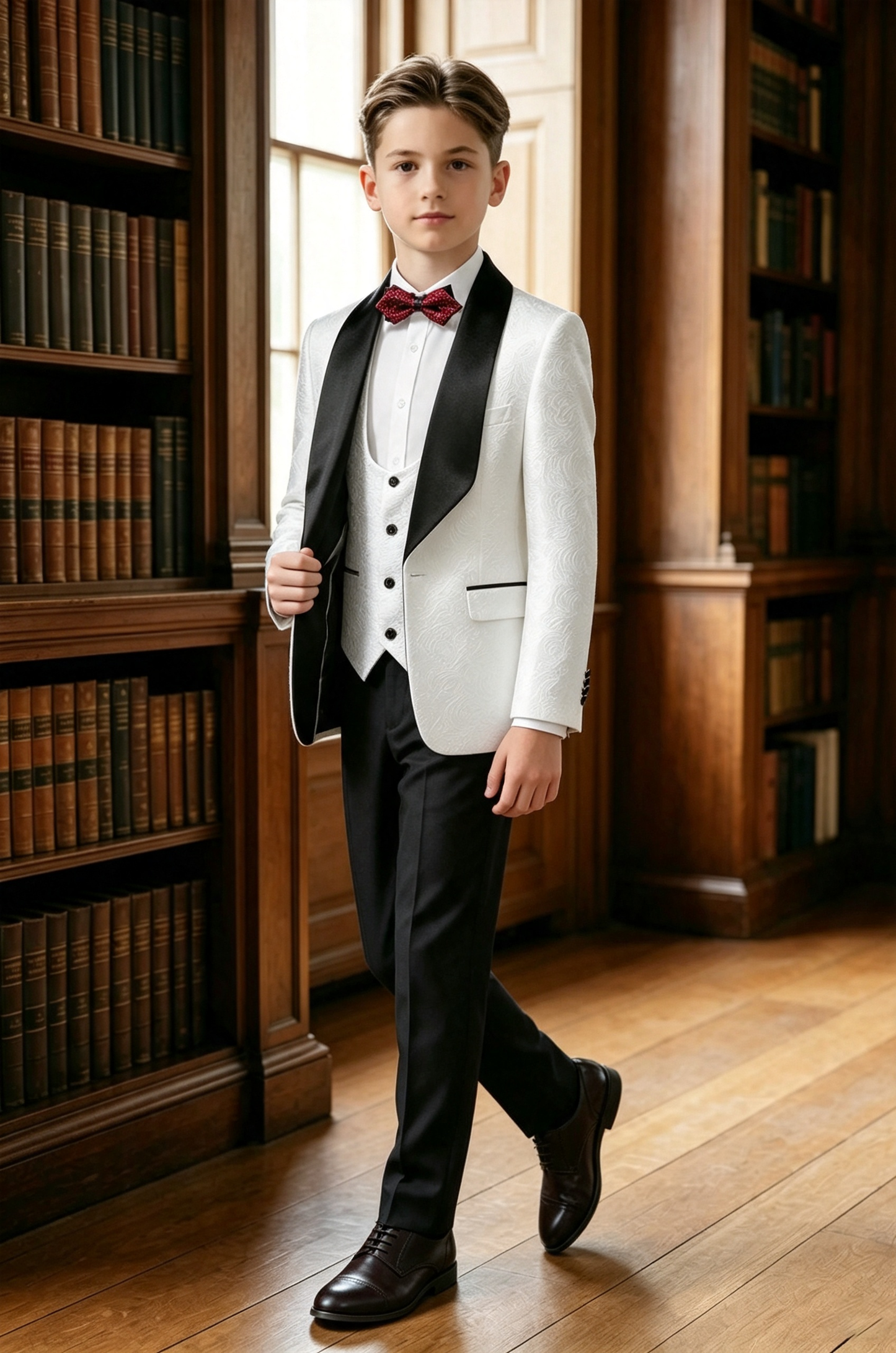 White Jacquard Black Satin Serge?Blend 3?Piece Formal Suit