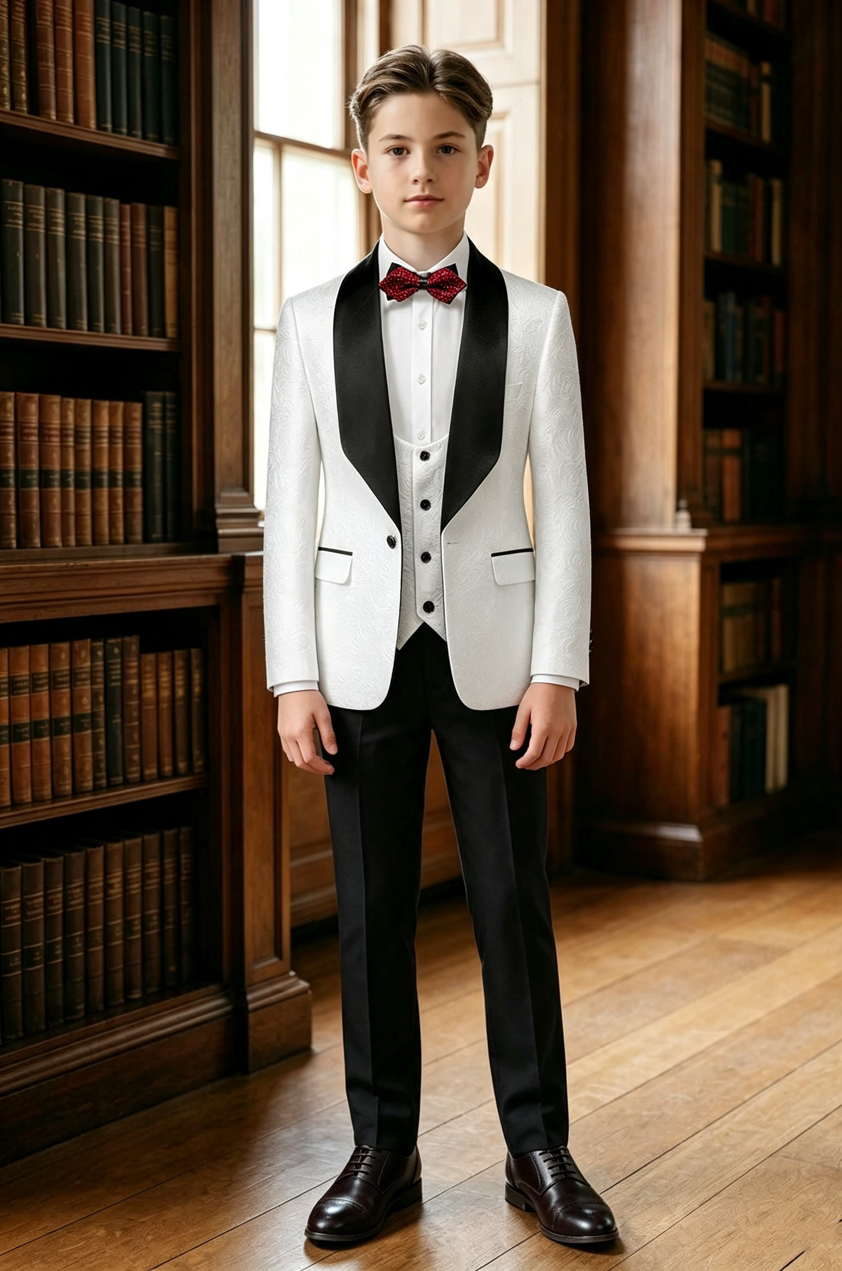 White Jacquard Black Satin Serge?Blend 3?Piece Formal Suit