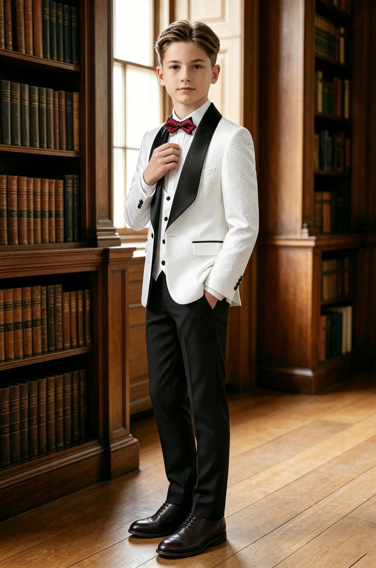 White Jacquard Black Satin Serge?Blend 3?Piece Formal Suit
