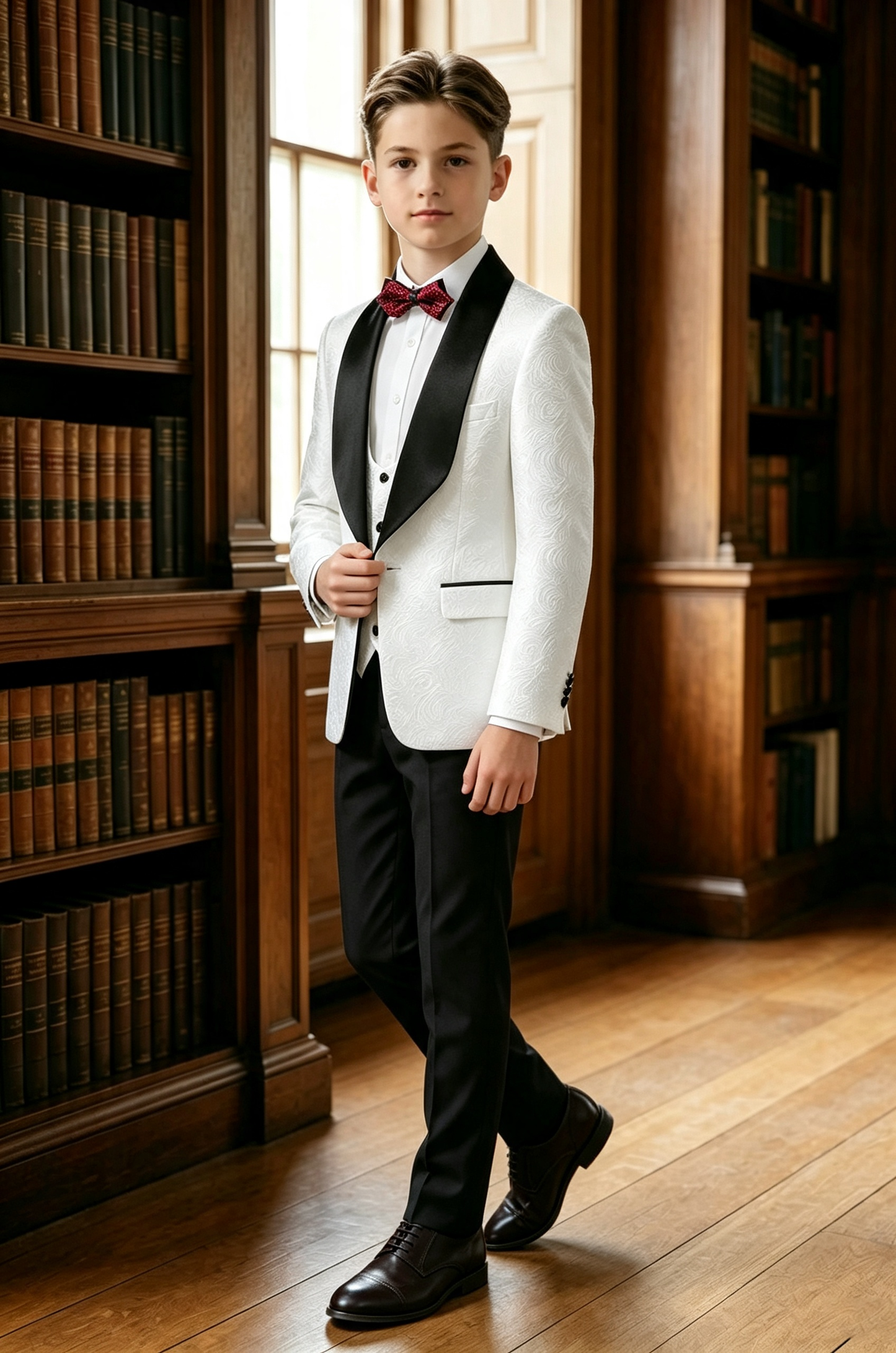 White Jacquard Black Satin Serge?Blend 3?Piece Formal Suit