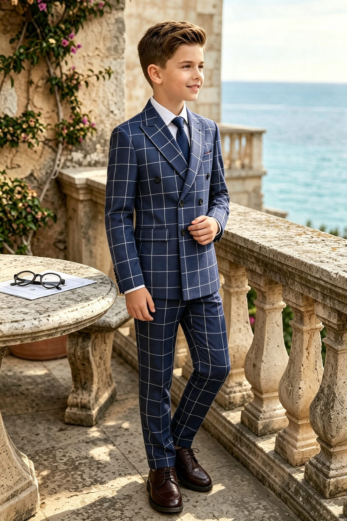 Navy Windowpane Check Double?Breasted 2?Piece Formal Suit Set