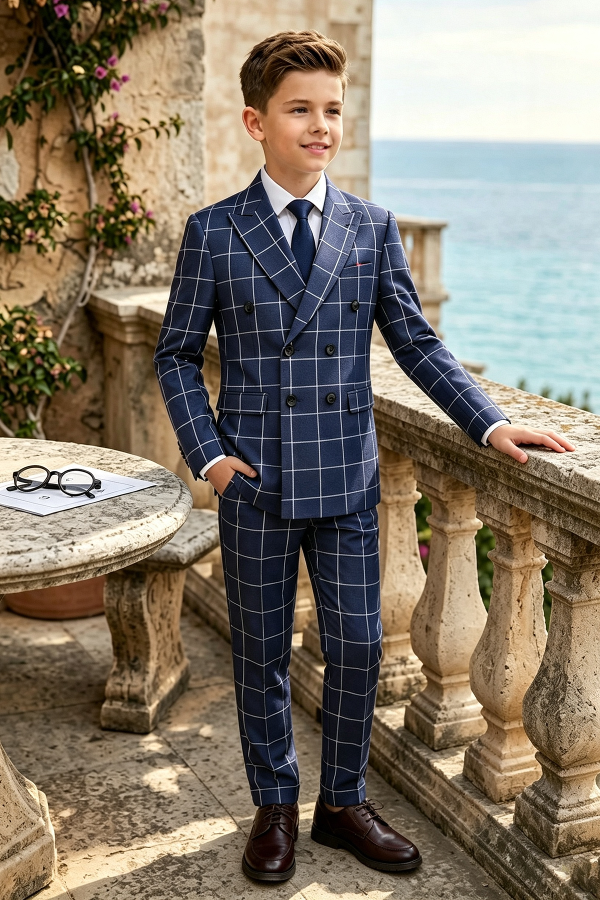 Navy Windowpane Check Double?Breasted 2?Piece Formal Suit Set