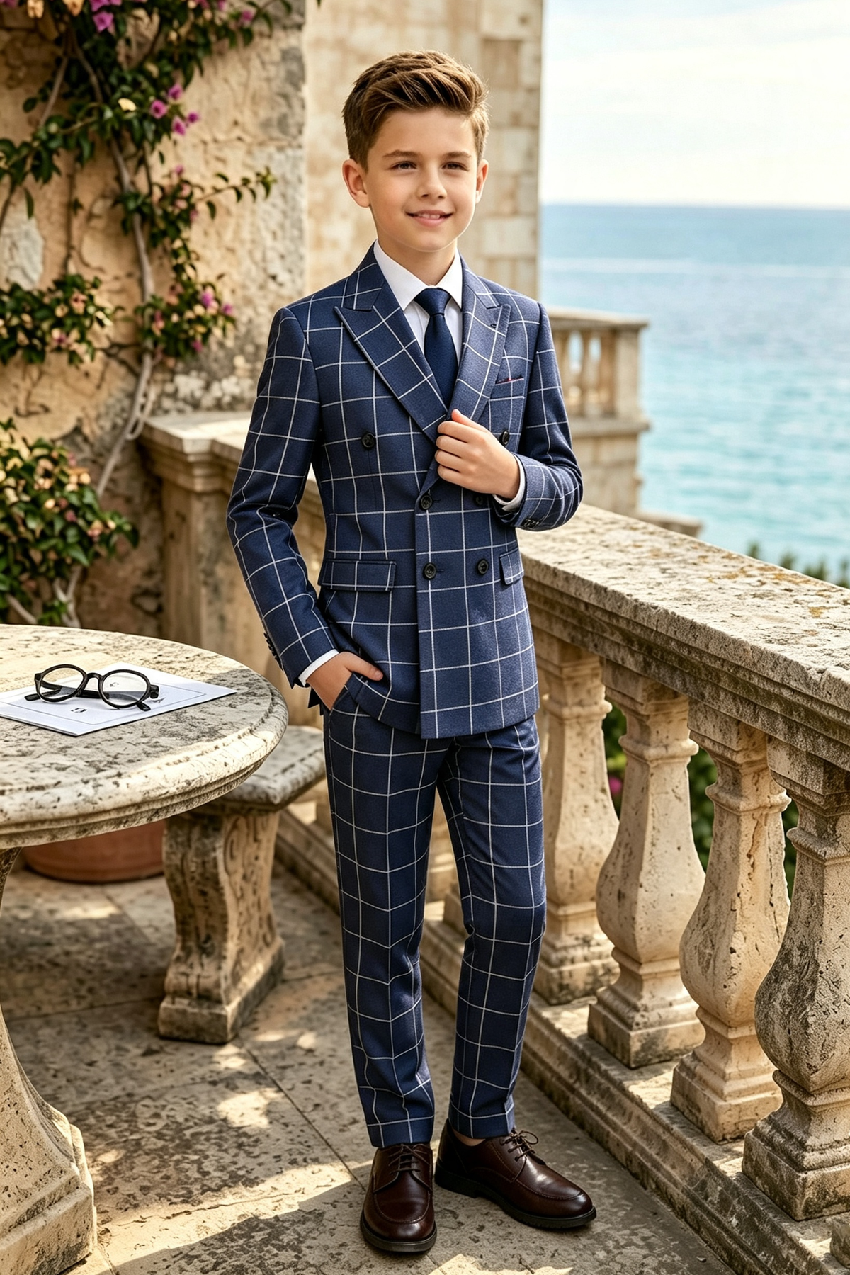 Navy Windowpane Check Double?Breasted 2?Piece Formal Suit Set