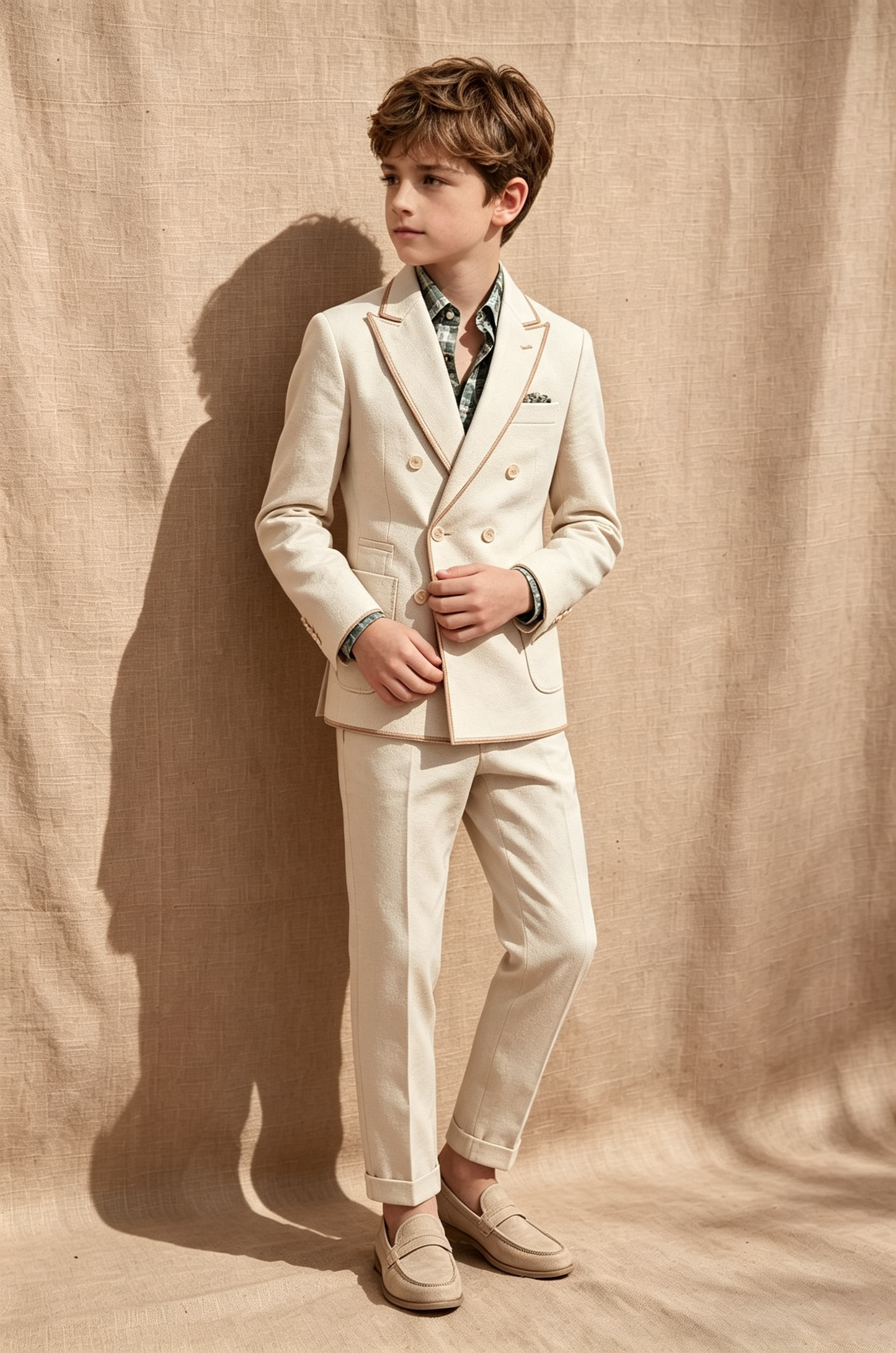 Beige Cotton?Linen Blend Brown Piping Double?Breasted 2?Piece Suit