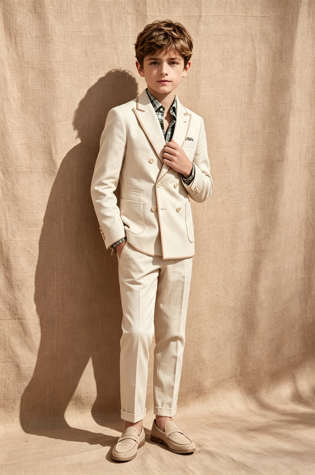Beige Cotton?Linen Blend Brown Piping Double?Breasted 2?Piece Suit