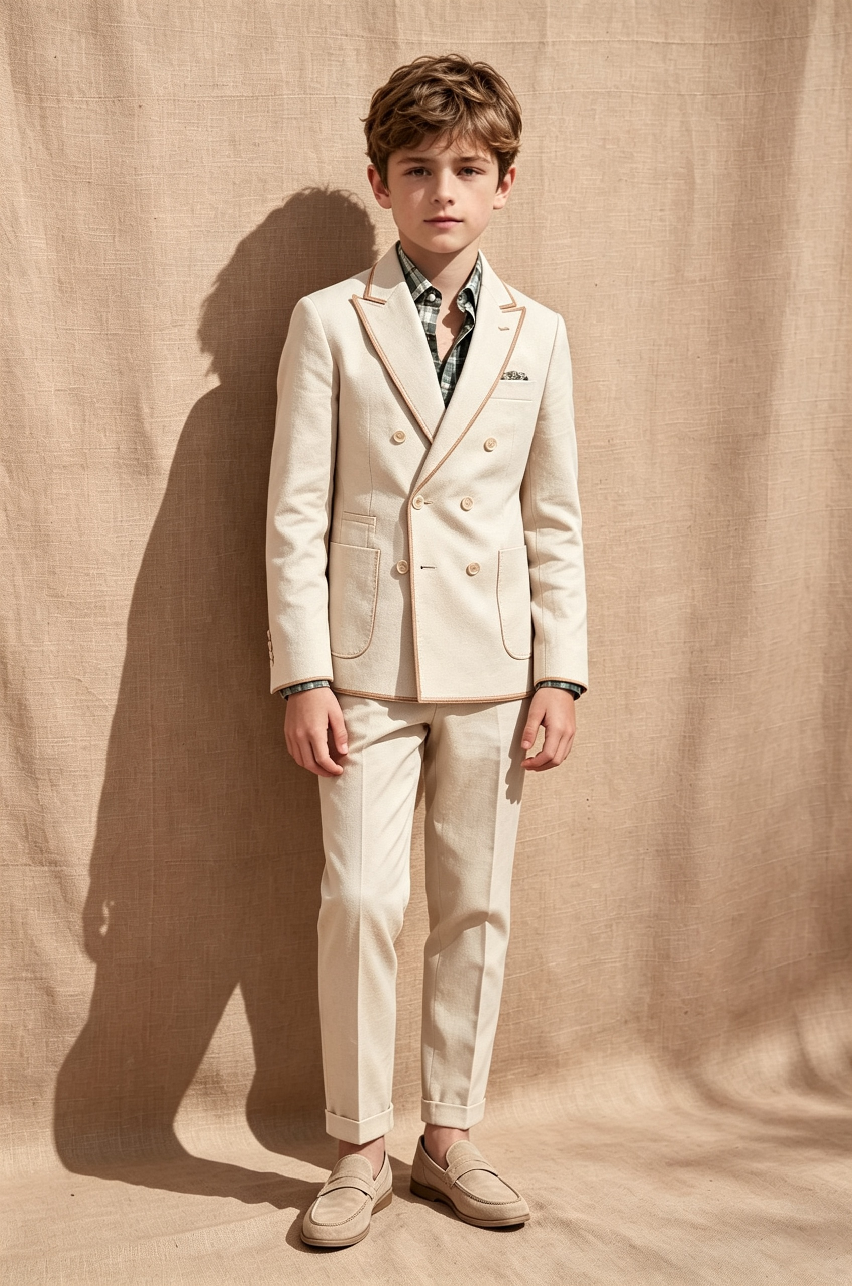 Beige Cotton?Linen Blend Brown Piping Double?Breasted 2?Piece Suit