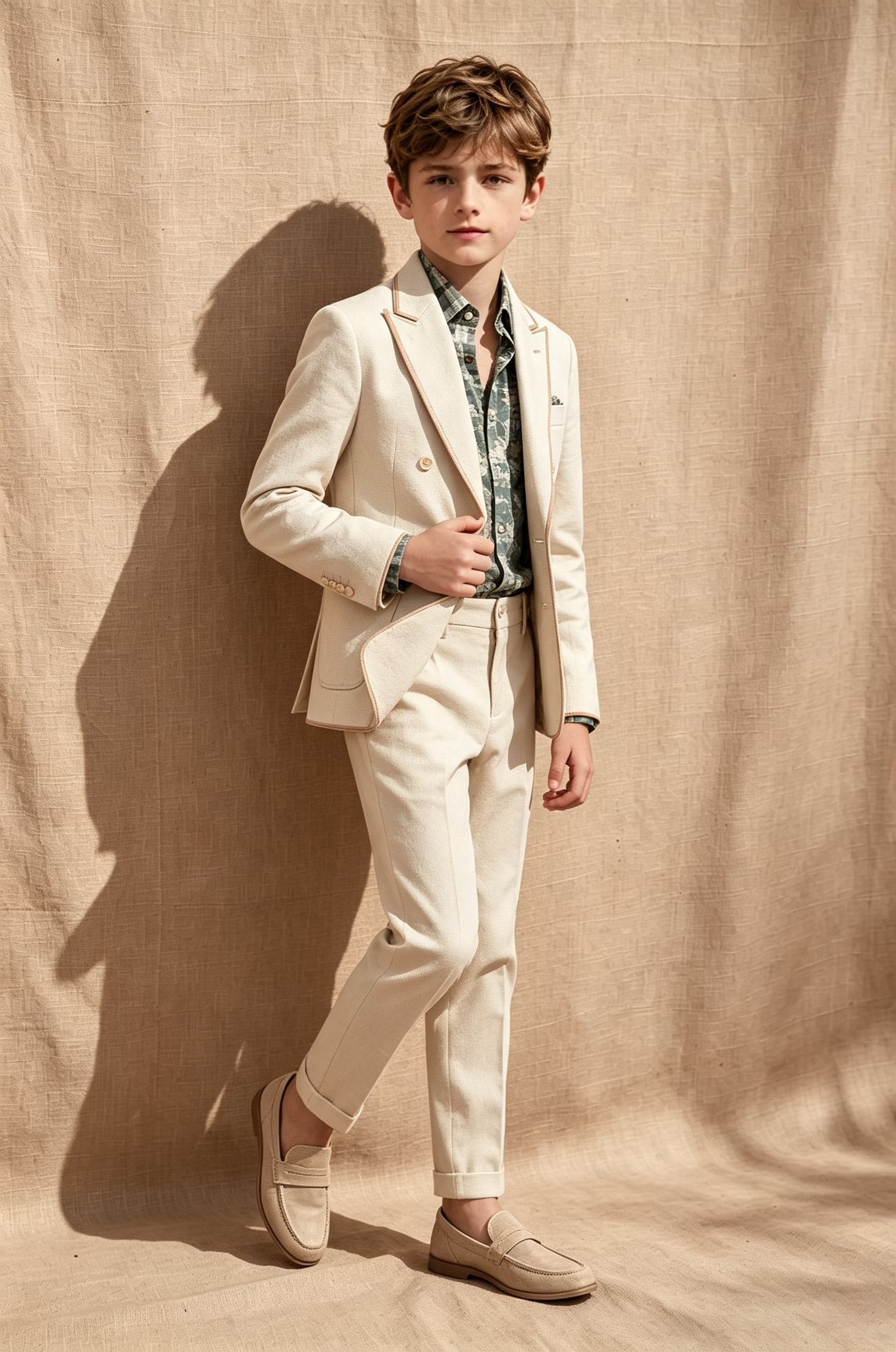 Beige Cotton?Linen Blend Brown Piping Double?Breasted 2?Piece Suit