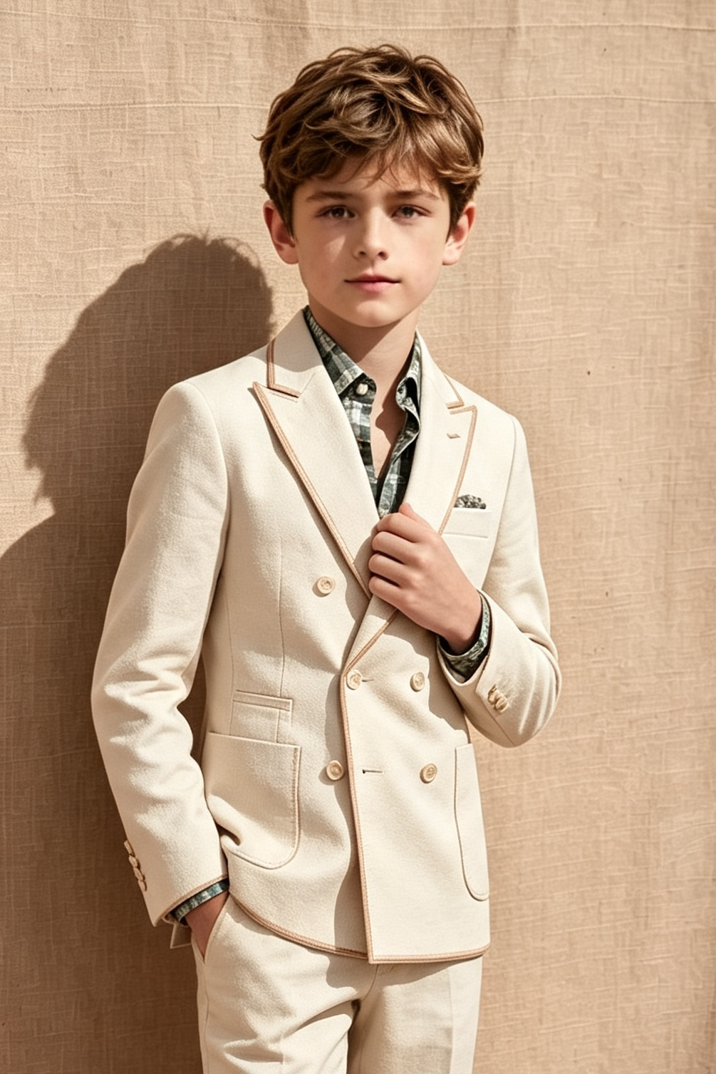 Beige Cotton?Linen Blend Brown Piping Double?Breasted 2?Piece Suit