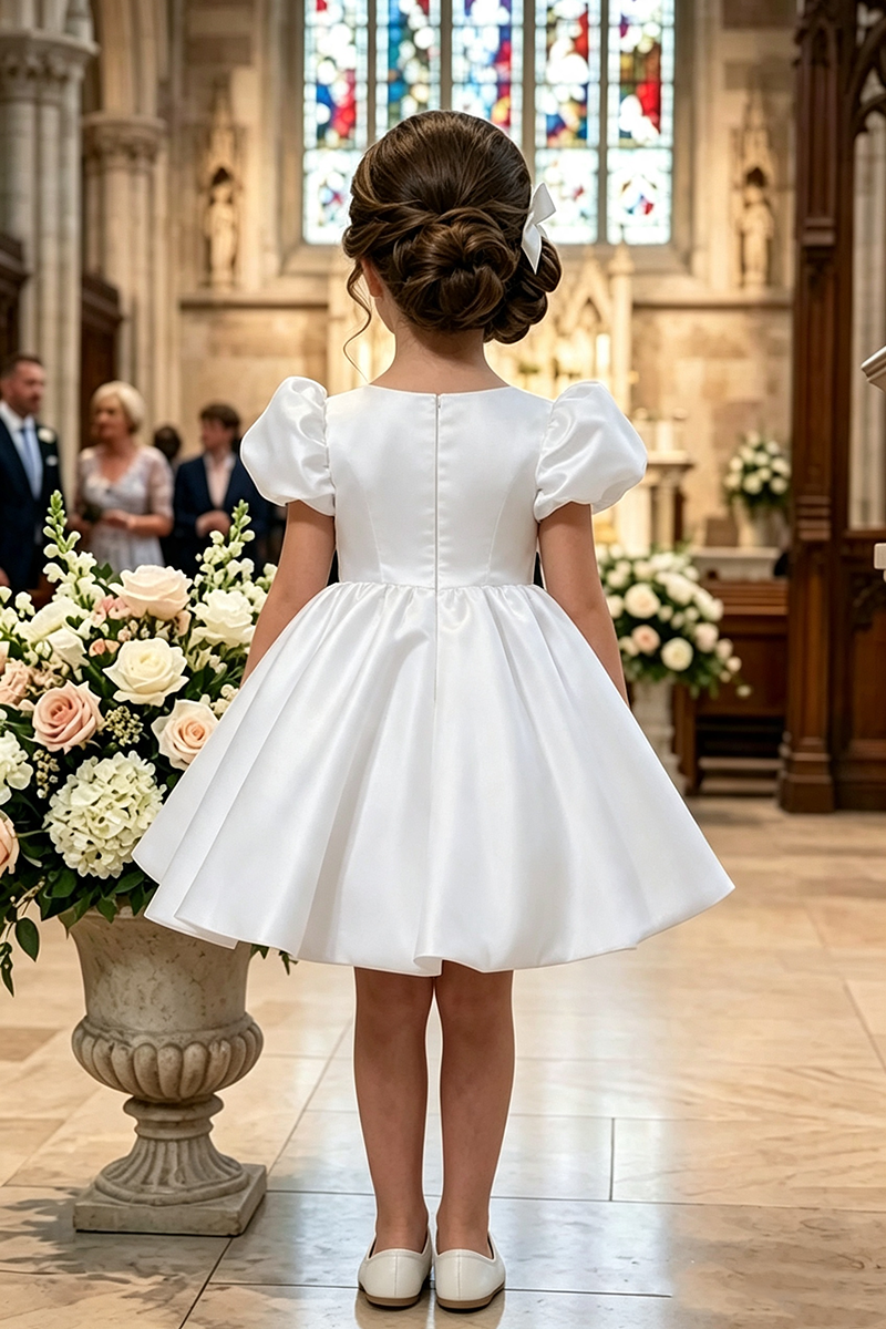 Girls White Satin Flower Girl Dress for Weddings with Black Bow Accent
