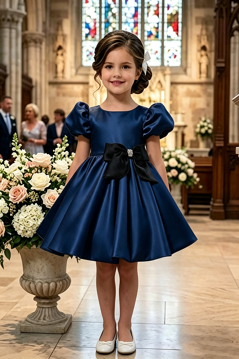 Girls White Satin Flower Girl Dress for Weddings with Black Bow Accent