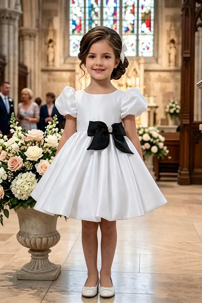 Girls White Satin Flower Girl Dress for Weddings with Black Bow Accent