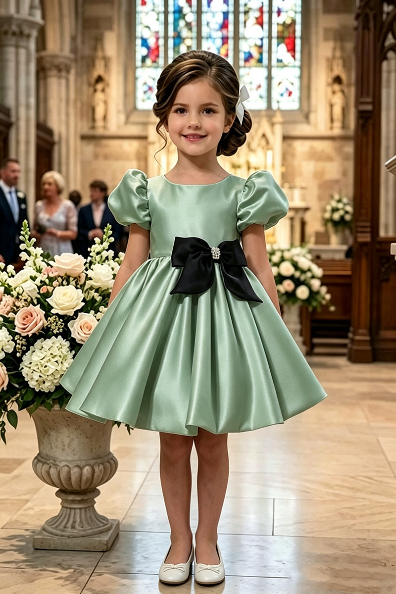 Girls White Satin Flower Girl Dress for Weddings with Black Bow Accent