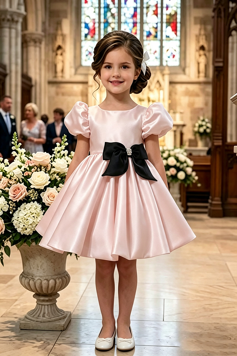 Girls White Satin Flower Girl Dress for Weddings with Black Bow Accent